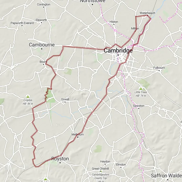 Map miniature of "Gravel Hills of Milton" cycling inspiration in East Anglia, United Kingdom. Generated by Tarmacs.app cycling route planner