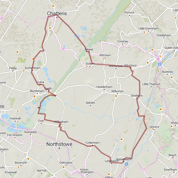 Map miniature of "Waterbeach and Fenland Loop" cycling inspiration in East Anglia, United Kingdom. Generated by Tarmacs.app cycling route planner