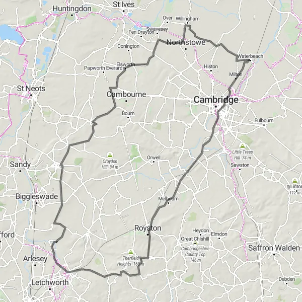 Map miniature of "The Great Cambridgeshire Loop" cycling inspiration in East Anglia, United Kingdom. Generated by Tarmacs.app cycling route planner