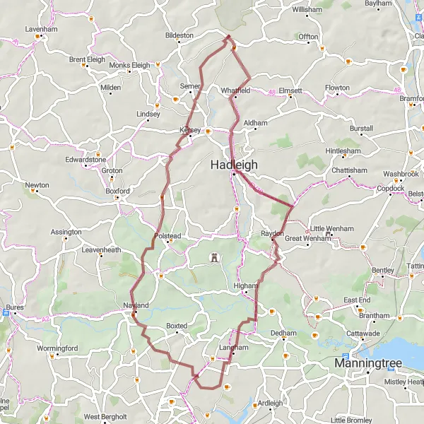 Map miniature of "Off-the-Beaten-Path Gravel Adventure" cycling inspiration in East Anglia, United Kingdom. Generated by Tarmacs.app cycling route planner