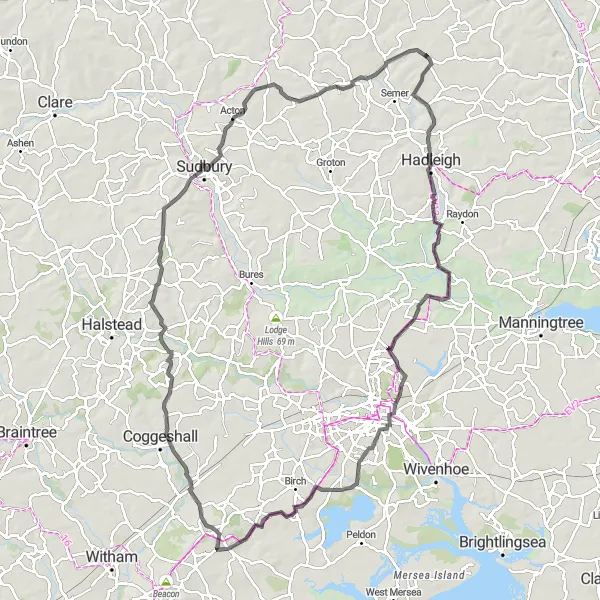 Map miniature of "Wattisham Heritage Road Loop" cycling inspiration in East Anglia, United Kingdom. Generated by Tarmacs.app cycling route planner