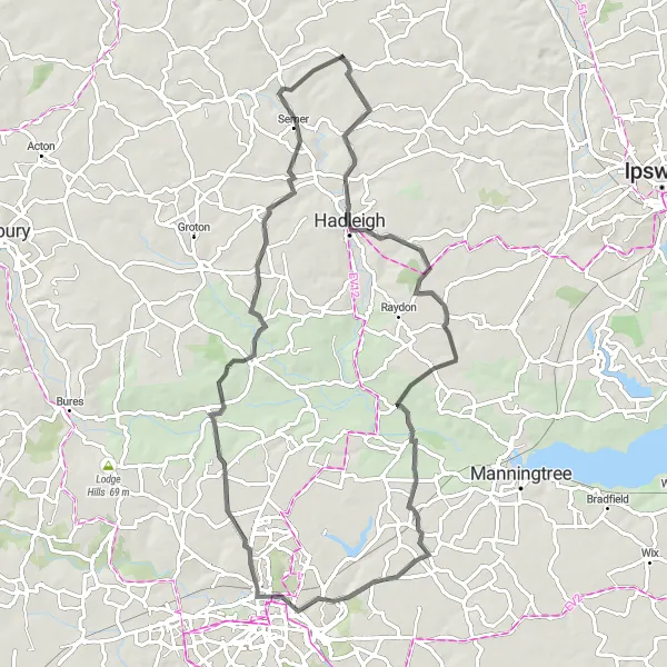 Map miniature of "A Suffolk Road Expedition" cycling inspiration in East Anglia, United Kingdom. Generated by Tarmacs.app cycling route planner