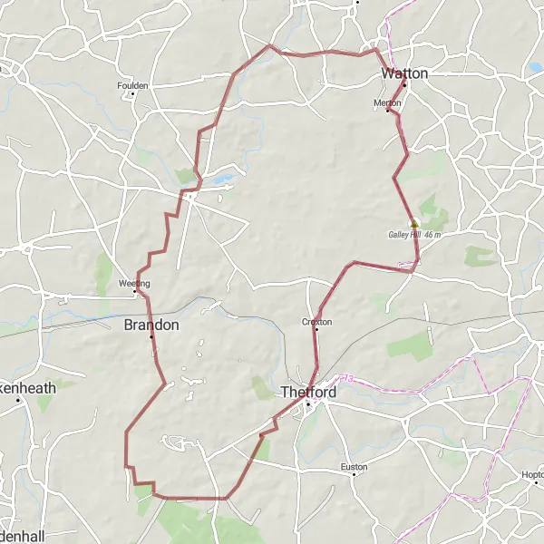 Map miniature of "The Gravel Escapade" cycling inspiration in East Anglia, United Kingdom. Generated by Tarmacs.app cycling route planner