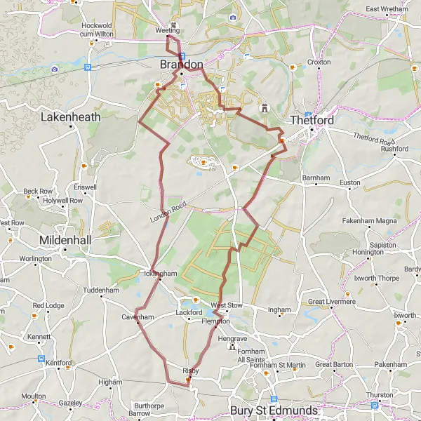 Map miniature of "Weeting Castle and Countryside Gravel Loop" cycling inspiration in East Anglia, United Kingdom. Generated by Tarmacs.app cycling route planner