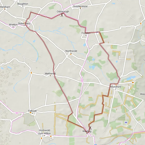 Map miniature of "Methwold and Fenland Gravel Adventure" cycling inspiration in East Anglia, United Kingdom. Generated by Tarmacs.app cycling route planner