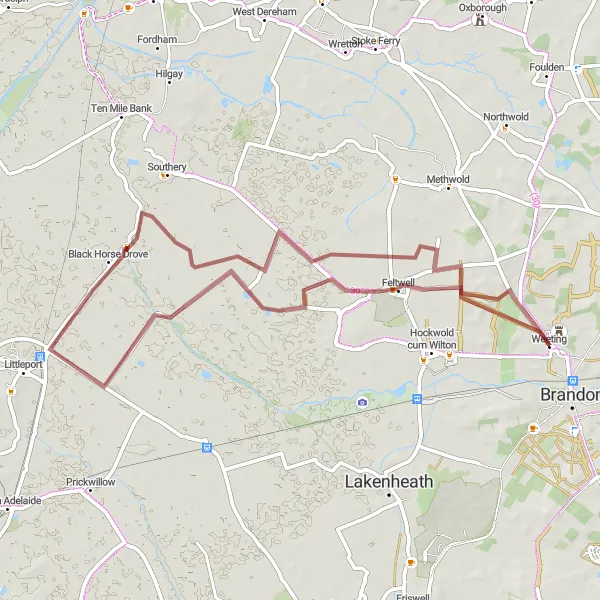 Map miniature of "Gravel Adventure to Weeting" cycling inspiration in East Anglia, United Kingdom. Generated by Tarmacs.app cycling route planner