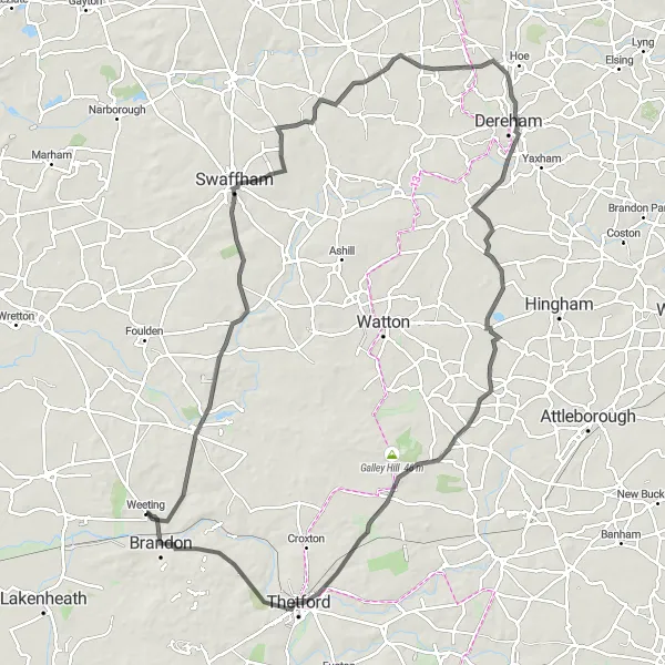 Map miniature of "Swaffham Explorer" cycling inspiration in East Anglia, United Kingdom. Generated by Tarmacs.app cycling route planner