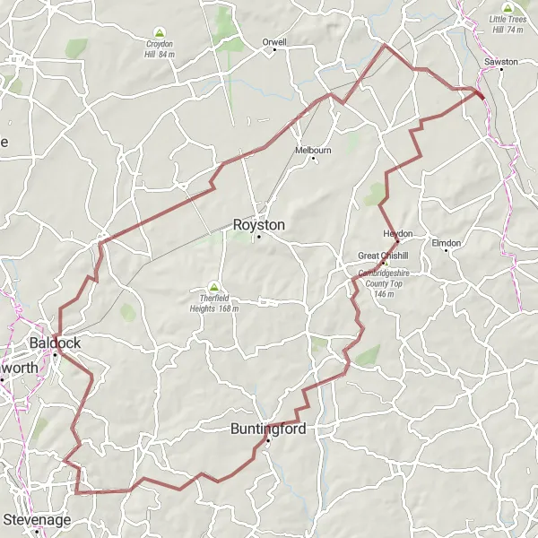 Map miniature of "Gravel Exploration from Whittlesford" cycling inspiration in East Anglia, United Kingdom. Generated by Tarmacs.app cycling route planner