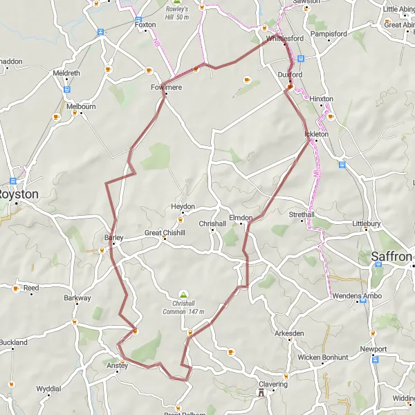 Map miniature of "Scenic Gravel Route to Ickleton" cycling inspiration in East Anglia, United Kingdom. Generated by Tarmacs.app cycling route planner