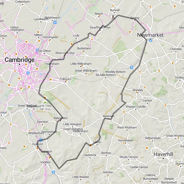 Map miniature of "Rolling Hills Adventure" cycling inspiration in East Anglia, United Kingdom. Generated by Tarmacs.app cycling route planner