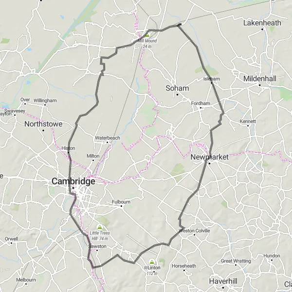 Map miniature of "Countryside Loop through Cambridge" cycling inspiration in East Anglia, United Kingdom. Generated by Tarmacs.app cycling route planner