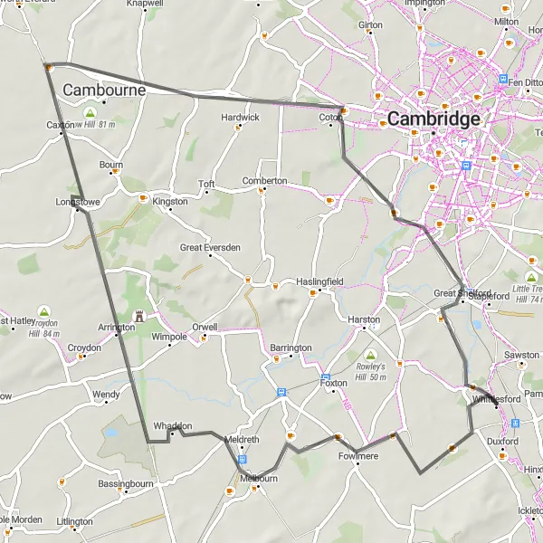 Map miniature of "Cambridge Round-Trip Adventure" cycling inspiration in East Anglia, United Kingdom. Generated by Tarmacs.app cycling route planner