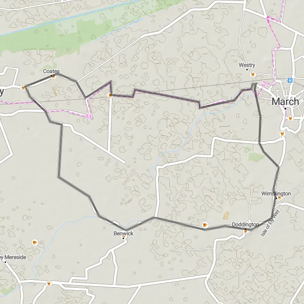 Map miniature of "Coates Loop" cycling inspiration in East Anglia, United Kingdom. Generated by Tarmacs.app cycling route planner