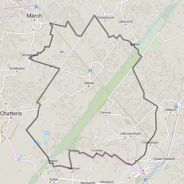 Map miniature of "Welney Circuit" cycling inspiration in East Anglia, United Kingdom. Generated by Tarmacs.app cycling route planner