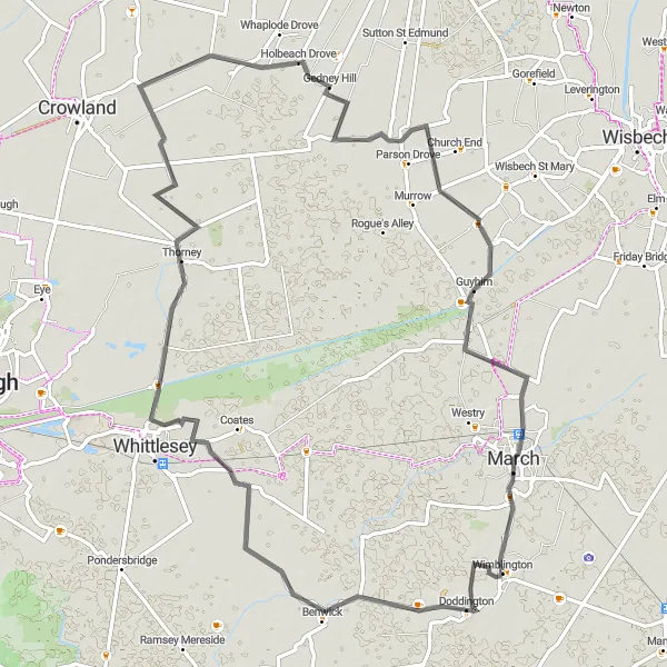 Map miniature of "Wimblington Doddington Loop" cycling inspiration in East Anglia, United Kingdom. Generated by Tarmacs.app cycling route planner