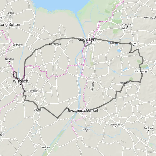 Map miniature of "Fenland Challenge" cycling inspiration in East Anglia, United Kingdom. Generated by Tarmacs.app cycling route planner