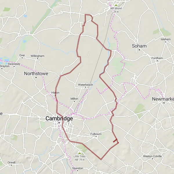 Map miniature of "Witchford to Gog Magog Hills Gravel Adventure" cycling inspiration in East Anglia, United Kingdom. Generated by Tarmacs.app cycling route planner