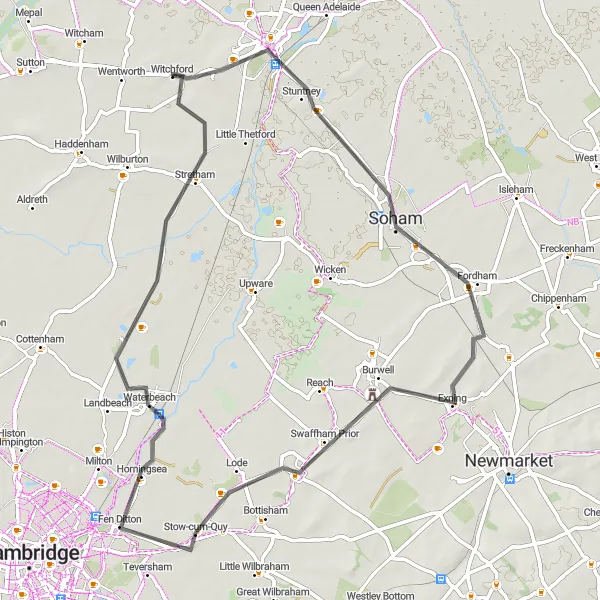 Map miniature of "Soham and Back" cycling inspiration in East Anglia, United Kingdom. Generated by Tarmacs.app cycling route planner