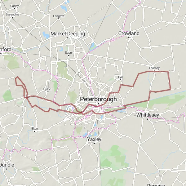 Map miniature of "Thorney Gravel Escape" cycling inspiration in East Anglia, United Kingdom. Generated by Tarmacs.app cycling route planner