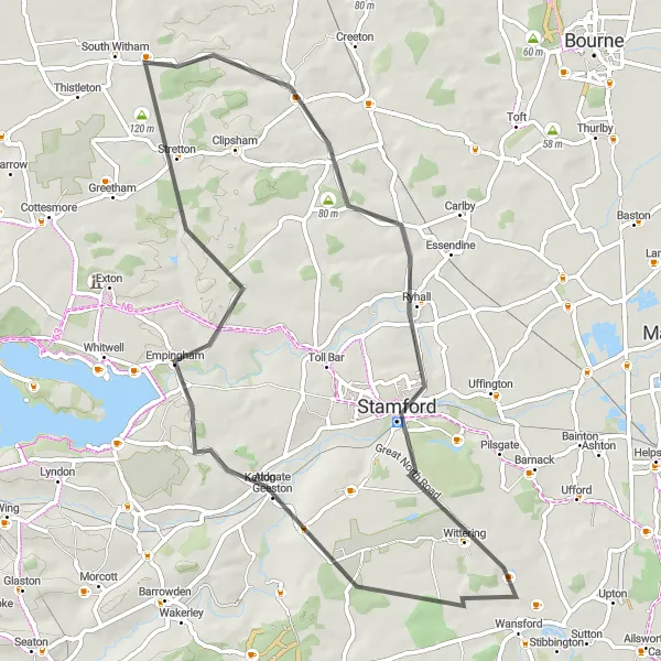 Map miniature of "The Stamford Circuit" cycling inspiration in East Anglia, United Kingdom. Generated by Tarmacs.app cycling route planner