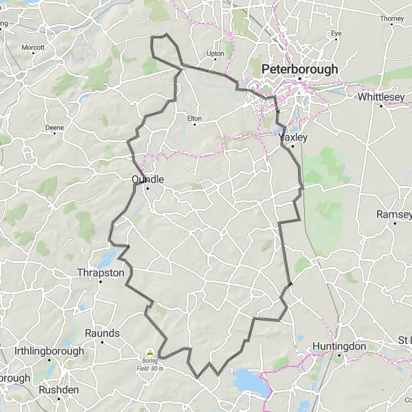 Map miniature of "The Stow and Oundle Loop" cycling inspiration in East Anglia, United Kingdom. Generated by Tarmacs.app cycling route planner