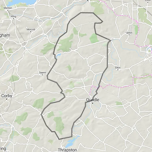 Map miniature of "Fotheringhay Castle Loop" cycling inspiration in East Anglia, United Kingdom. Generated by Tarmacs.app cycling route planner