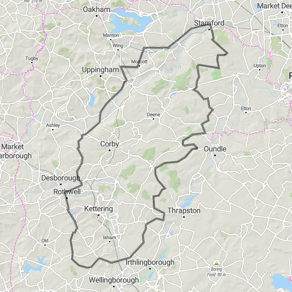 Map miniature of "Rural Retreat to Stamford" cycling inspiration in East Anglia, United Kingdom. Generated by Tarmacs.app cycling route planner