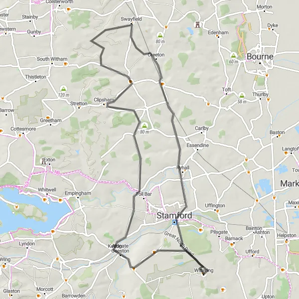 Map miniature of "Roads and Castles" cycling inspiration in East Anglia, United Kingdom. Generated by Tarmacs.app cycling route planner