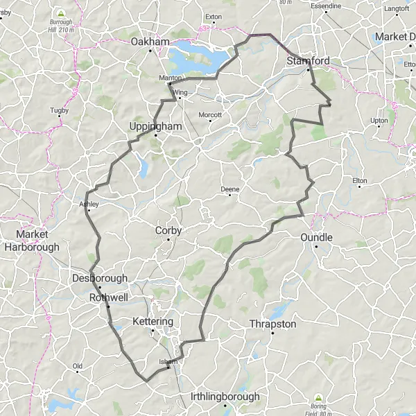 Map miniature of "Medbourne Epic Adventure" cycling inspiration in East Anglia, United Kingdom. Generated by Tarmacs.app cycling route planner