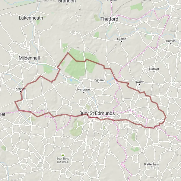 Map miniature of "Woolpit, Bury St Edmunds, Kennett, Icklingham, Great Livermere, Elmswell" cycling inspiration in East Anglia, United Kingdom. Generated by Tarmacs.app cycling route planner