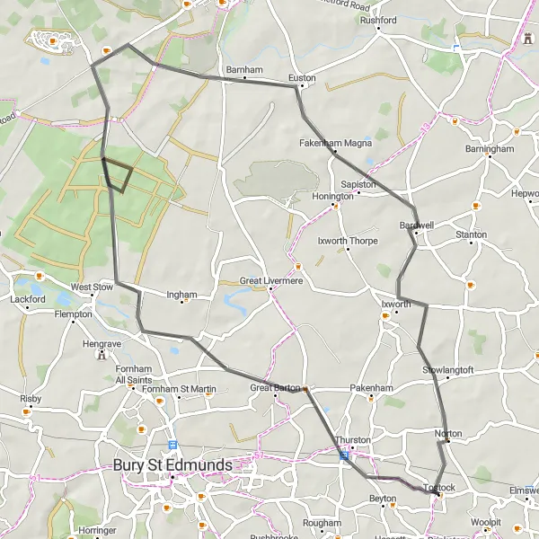 Map miniature of "Woolpit - Great Barton Loop" cycling inspiration in East Anglia, United Kingdom. Generated by Tarmacs.app cycling route planner