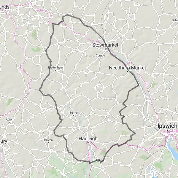 Map miniature of "Woolpit - Stowmarket Loop" cycling inspiration in East Anglia, United Kingdom. Generated by Tarmacs.app cycling route planner