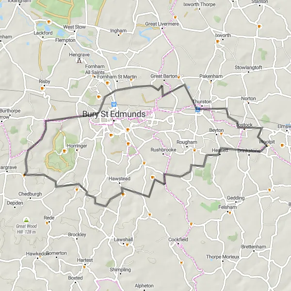 Map miniature of "Woolpit - Tostock Scenic Route" cycling inspiration in East Anglia, United Kingdom. Generated by Tarmacs.app cycling route planner