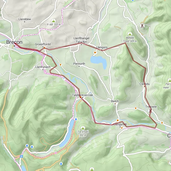 Map miniature of "Brecon by Gravel" cycling inspiration in East Wales, United Kingdom. Generated by Tarmacs.app cycling route planner