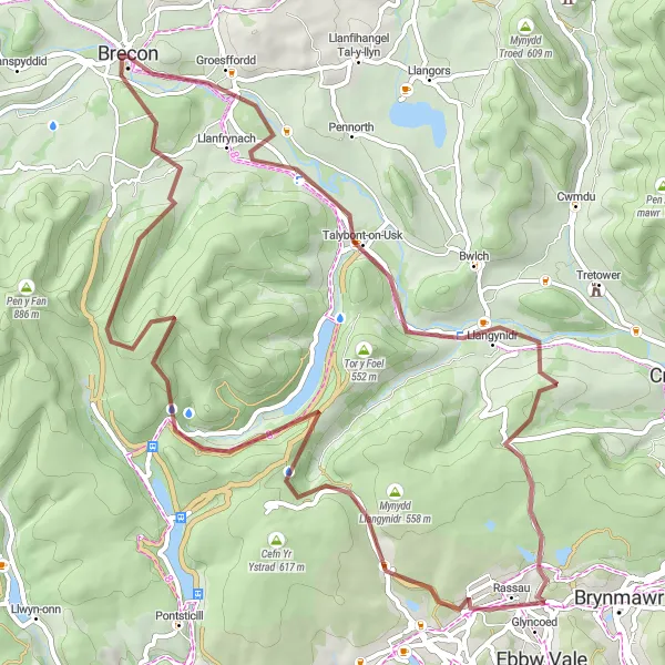 Map miniature of "Brecon and the Beacons" cycling inspiration in East Wales, United Kingdom. Generated by Tarmacs.app cycling route planner