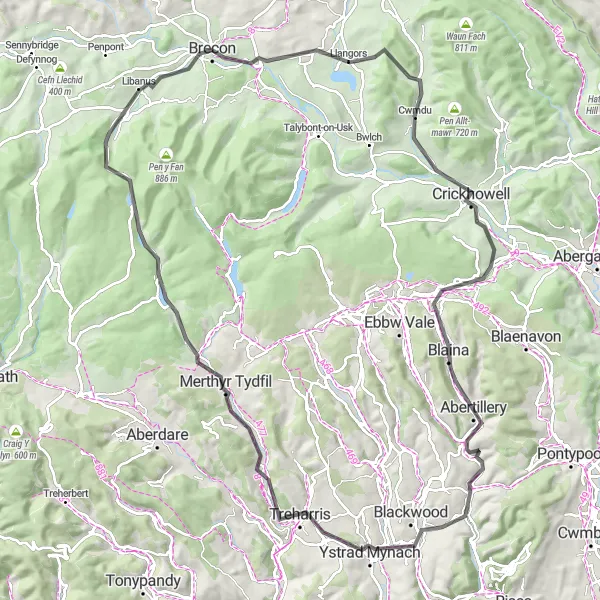 Map miniature of "Brecon Scenic Loop" cycling inspiration in East Wales, United Kingdom. Generated by Tarmacs.app cycling route planner