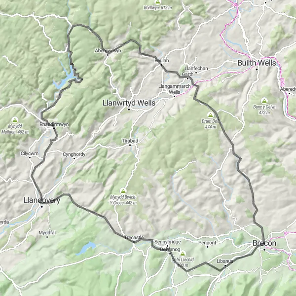 Map miniature of "Brecon to Abergwesyn" cycling inspiration in East Wales, United Kingdom. Generated by Tarmacs.app cycling route planner