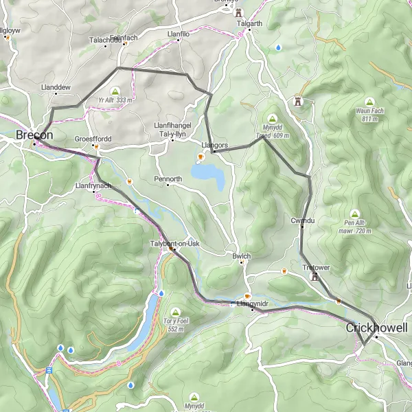 Map miniature of "Brecon Road Adventure" cycling inspiration in East Wales, United Kingdom. Generated by Tarmacs.app cycling route planner