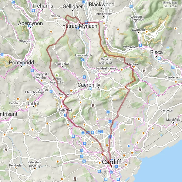 Map miniature of "Rhymney Valley Gravel Adventure" cycling inspiration in East Wales, United Kingdom. Generated by Tarmacs.app cycling route planner