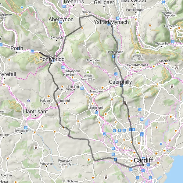Map miniature of "The Cardiff Valley Loop" cycling inspiration in East Wales, United Kingdom. Generated by Tarmacs.app cycling route planner