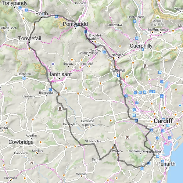 Map miniature of "Cardiff Coastal Loop" cycling inspiration in East Wales, United Kingdom. Generated by Tarmacs.app cycling route planner