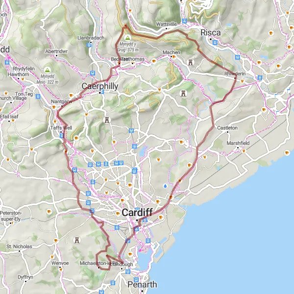 Map miniature of "The Michaelston-le-Pit Adventure" cycling inspiration in East Wales, United Kingdom. Generated by Tarmacs.app cycling route planner
