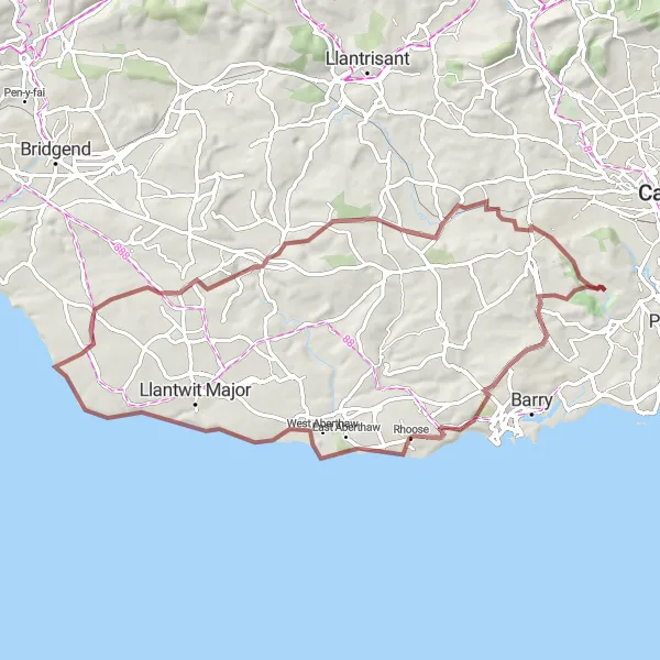 Map miniature of "The Coastal Gravel Adventure" cycling inspiration in East Wales, United Kingdom. Generated by Tarmacs.app cycling route planner