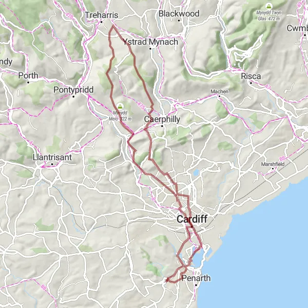 Map miniature of "Exploring Nature's Wonders Gravel Route" cycling inspiration in East Wales, United Kingdom. Generated by Tarmacs.app cycling route planner