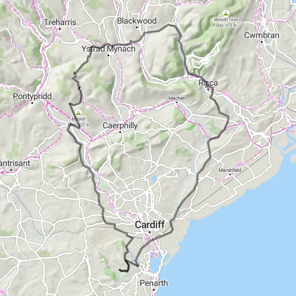 Map miniature of "The Welsh Hill Climber" cycling inspiration in East Wales, United Kingdom. Generated by Tarmacs.app cycling route planner