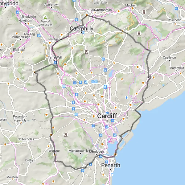 Map miniature of "Charming Villages and Natural Beauty" cycling inspiration in East Wales, United Kingdom. Generated by Tarmacs.app cycling route planner