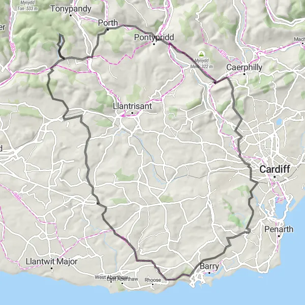 Map miniature of "Challenge Yourself: Mountainous Adventure" cycling inspiration in East Wales, United Kingdom. Generated by Tarmacs.app cycling route planner