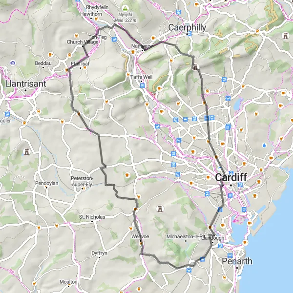 Map miniature of "St. Georges-super-Ely Loop" cycling inspiration in East Wales, United Kingdom. Generated by Tarmacs.app cycling route planner