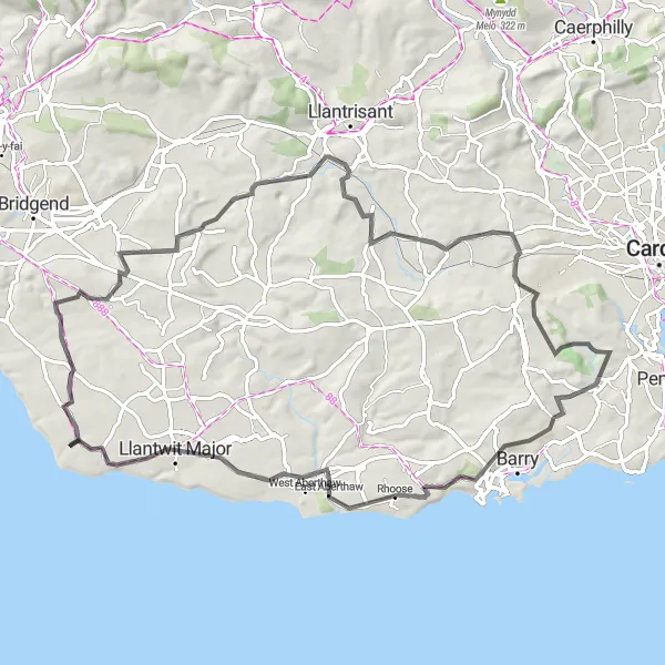 Map miniature of "Lush Valleys and Historic Landmarks" cycling inspiration in East Wales, United Kingdom. Generated by Tarmacs.app cycling route planner