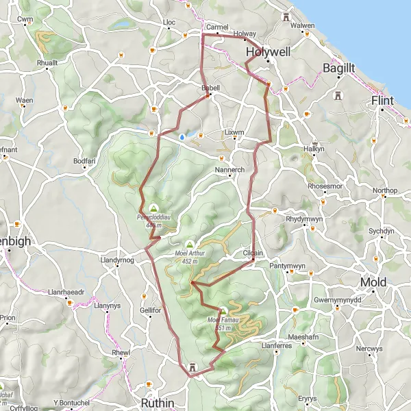 Map miniature of "Gravel Adventure to  Explore Holywell Countryside" cycling inspiration in East Wales, United Kingdom. Generated by Tarmacs.app cycling route planner